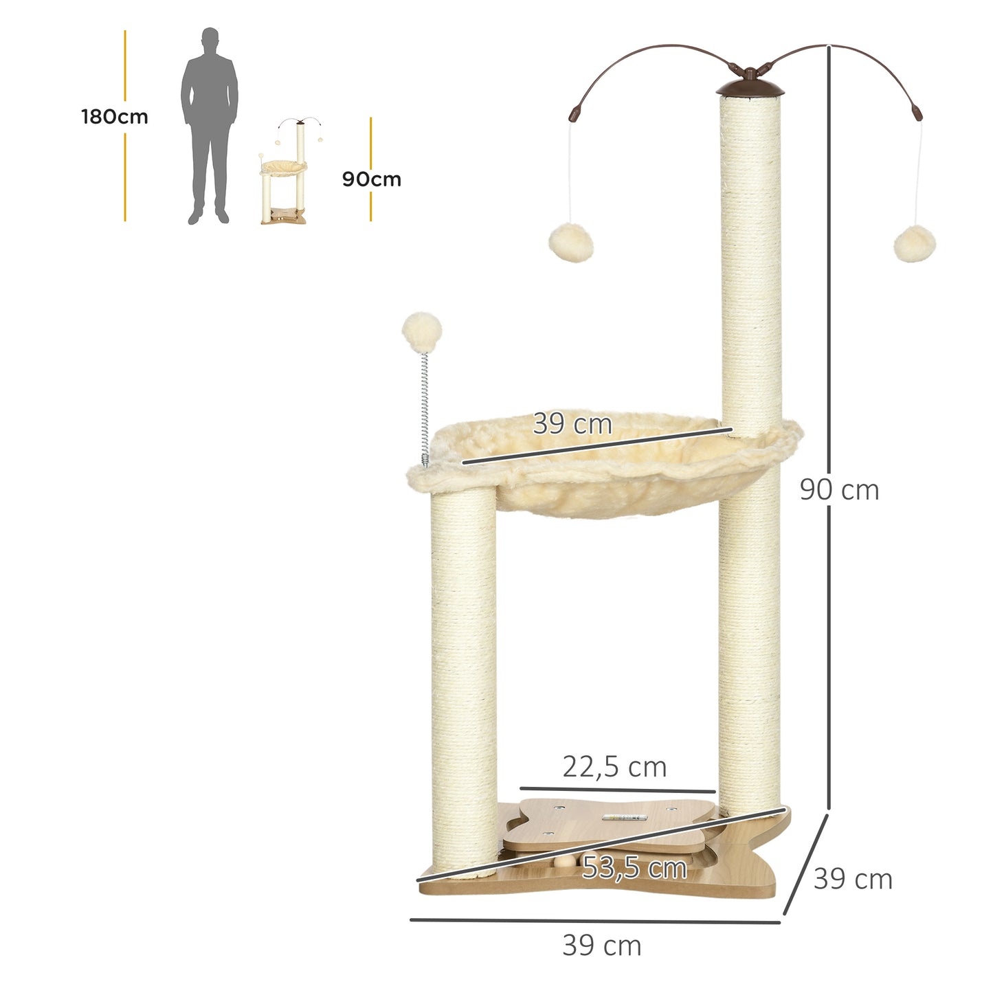 Pawhut Árbol Rascador Para Gatos Altura 90 Cm Con Hamaca Postes De Sisal Y Bolas_2