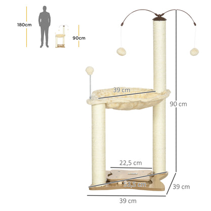Pawhut Árbol Rascador Para Gatos Altura 90 Cm Con Hamaca Postes De Sisal Y Bolas_2