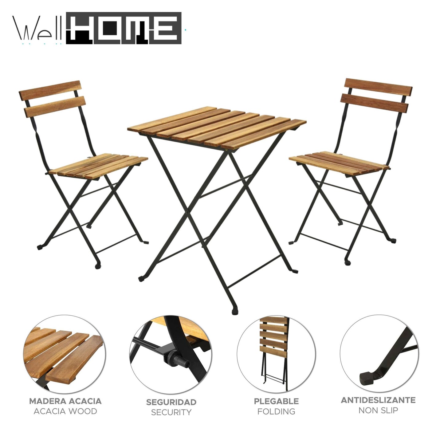 Well Home - Juego 'bistro' Mesa Y 2 Sillas En Madera Y Acero Negro_1