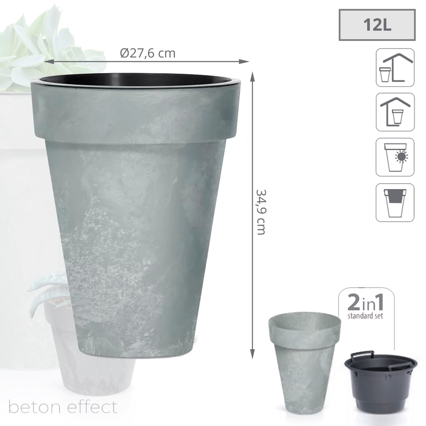 Maceta Cube Slim Beton Effect 12l., Con Depósito, Dimensiones (mm) 276x276x349, Color Hormigón_2