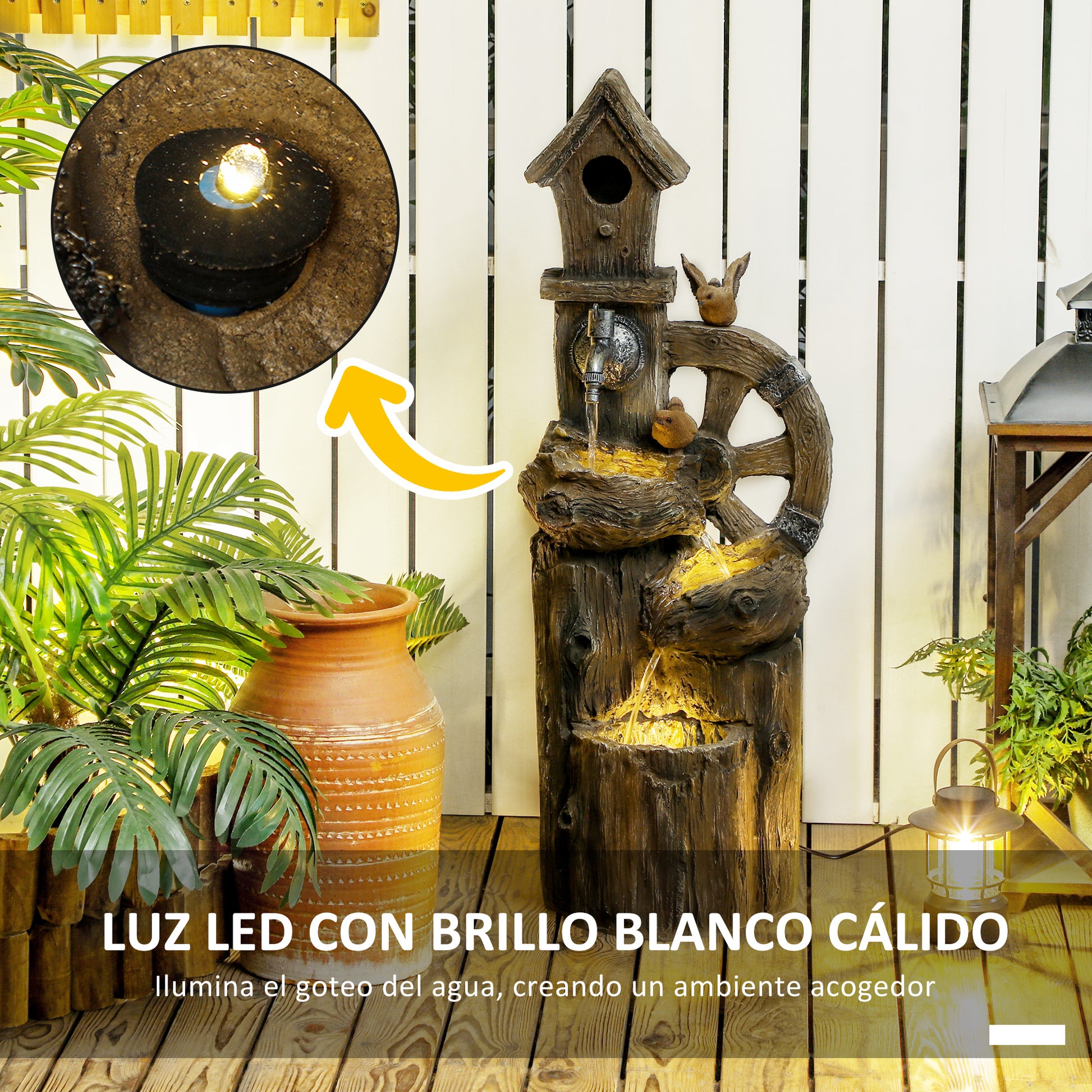 Outsunny Fuente De Agua Con Casita Para Pájaros Iluminación Led Multicolor_4