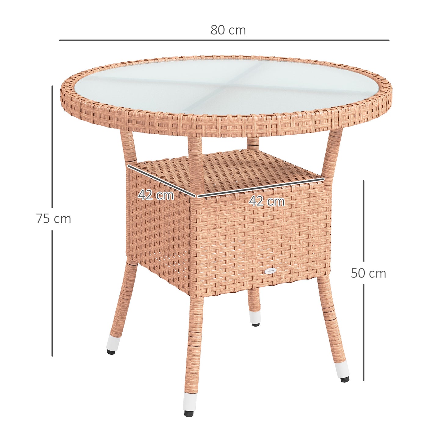 Outsunny Mesa De Ratán Redonda Ø80x75 Cm Con Estante Patas Ajustable Natural_2