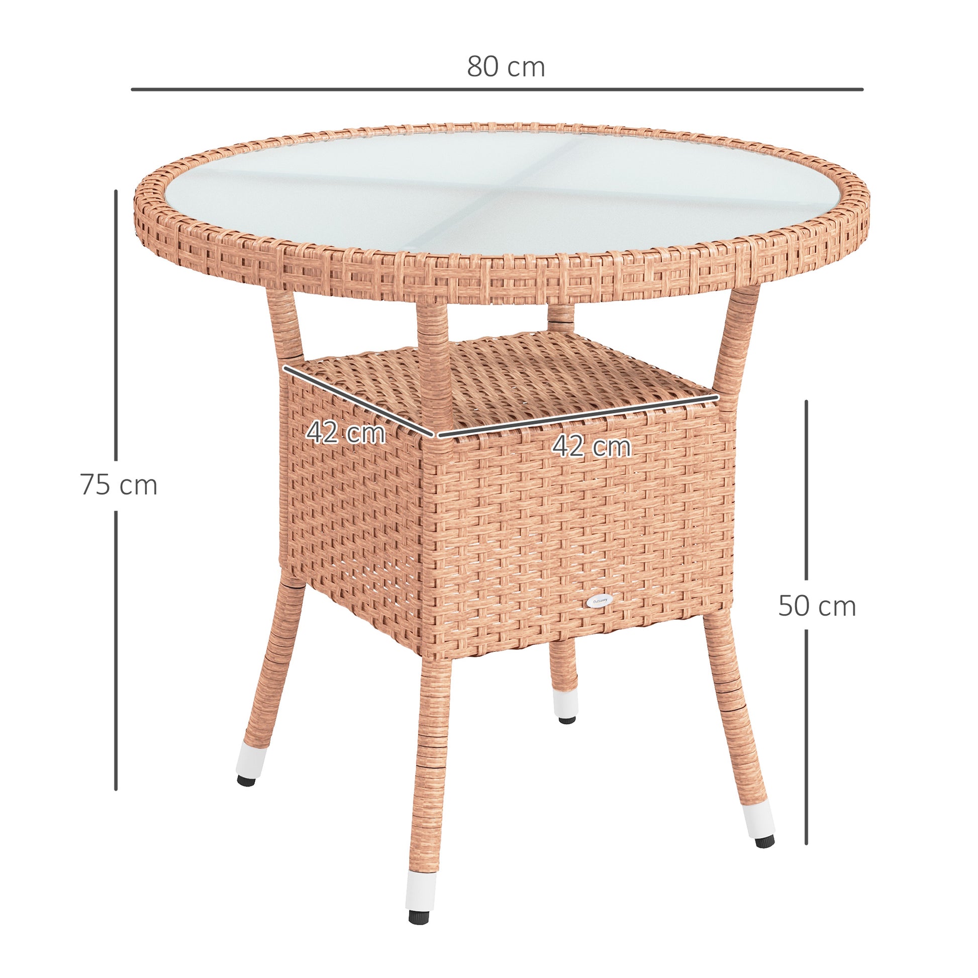 Outsunny Mesa De Ratán Redonda Ø80x75 Cm Con Estante Patas Ajustable Natural_2