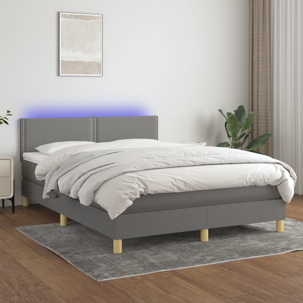 Cama Box Spring Colchón Y Luces Led Tela Gris Oscuro 140x190 Cm / Vetonek_2
