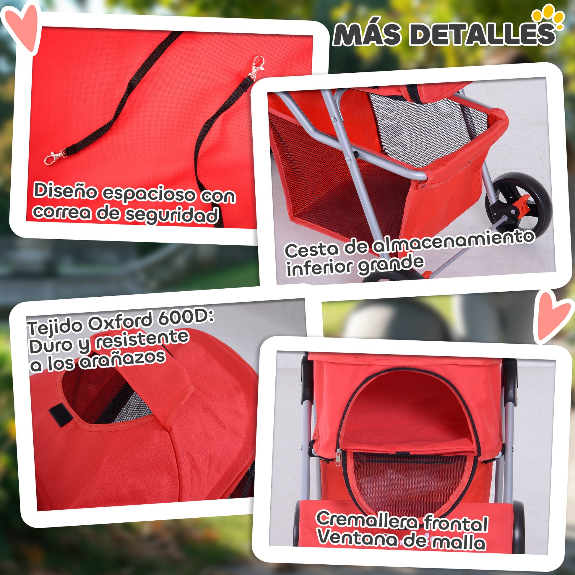 Pawhut Cochecito Mascotas Plegable Toldo Ajustable Tela Oxford 77x45x99,5cm Rojo_3