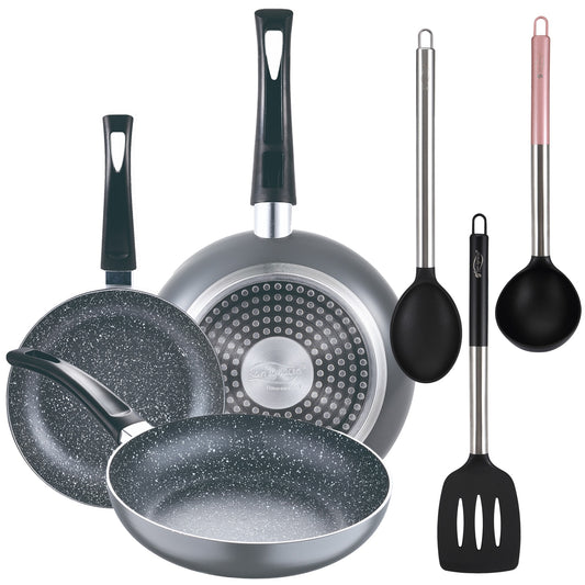 Set 3pc Sarten (16+20+24cm) Aluminio Prensado, Inducción, Negra Soul Marble Con Set 3pc Utensilios De Cocina Nylon_0