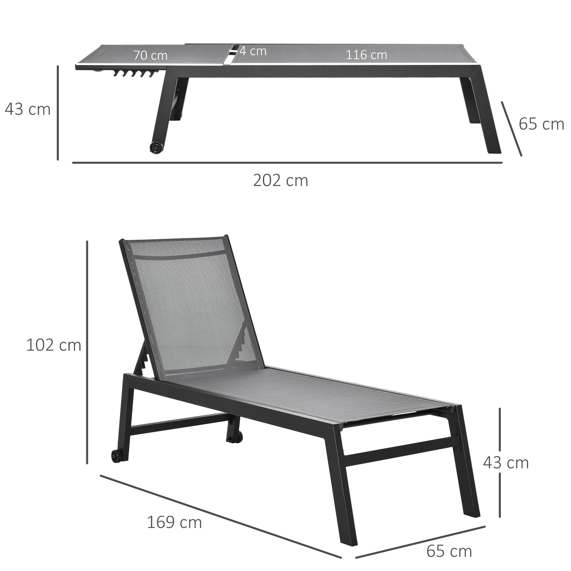 Outsunny Tumbona Con Respaldo Reclinable En 5 Posiciones 169x65x102cm Máx. 120kg_2