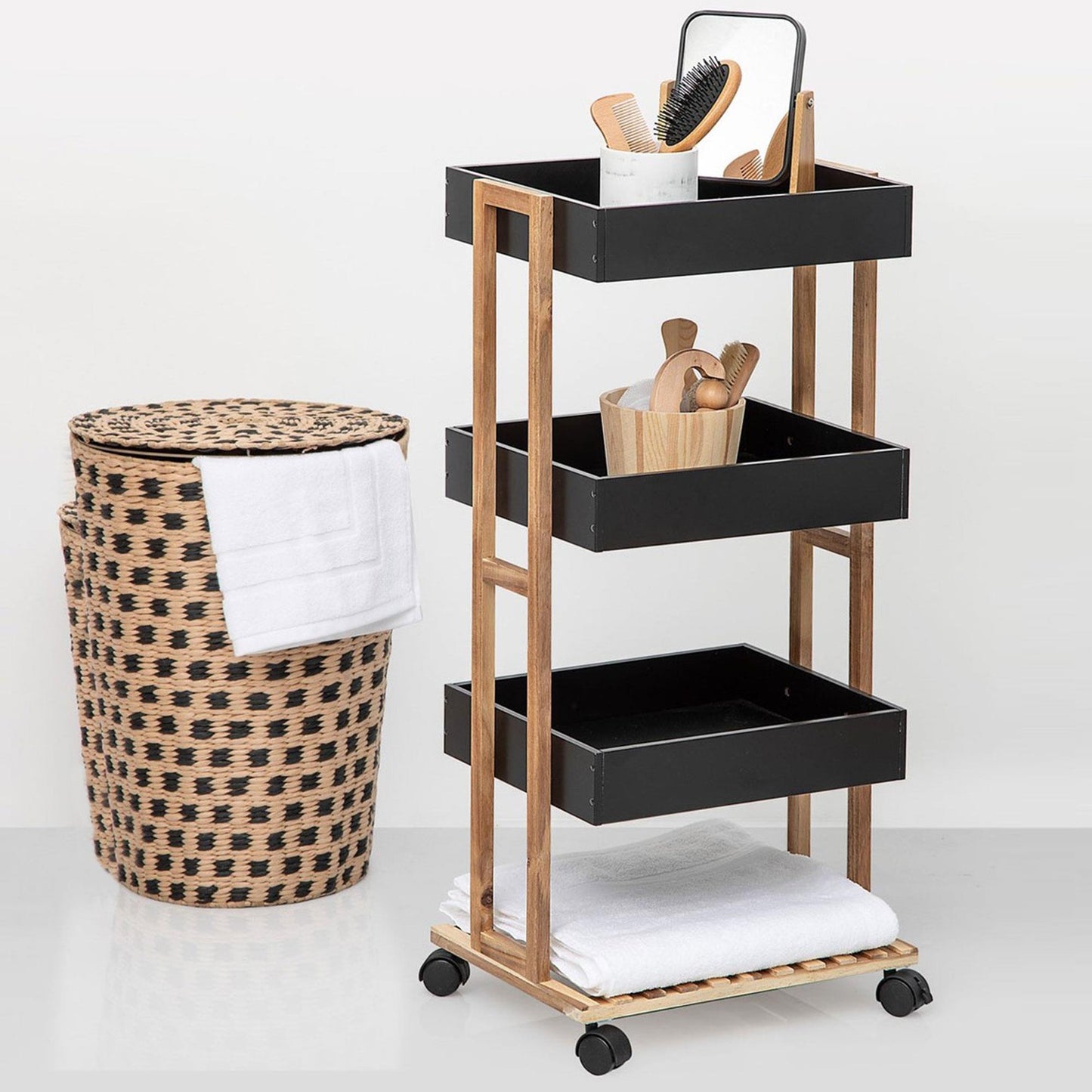 Well Home Carro De Almacenamiento En Bambú Con 1 Estante Y 3 Bandejas En Color Negro 40x30x87,5cm