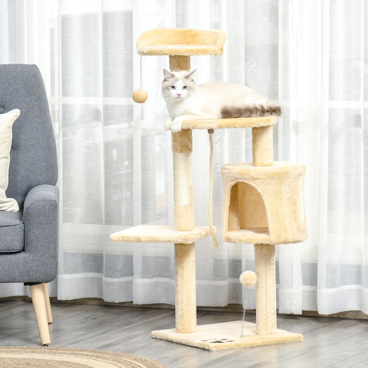 Pawhut Árbol Para Gatos Rascador Grande Con Plataformas Casetas Bolas De Juego 114cm Cubierto De Felpa Beige_1