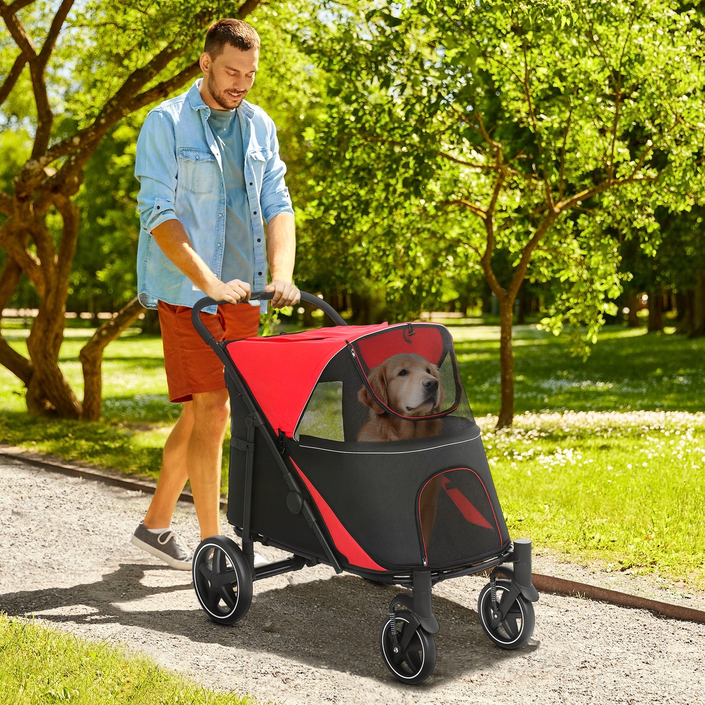 Pawhut Cochecito Para Perros Plegable Con Ventana De Malla 112x65x100 Cm Rojo_1