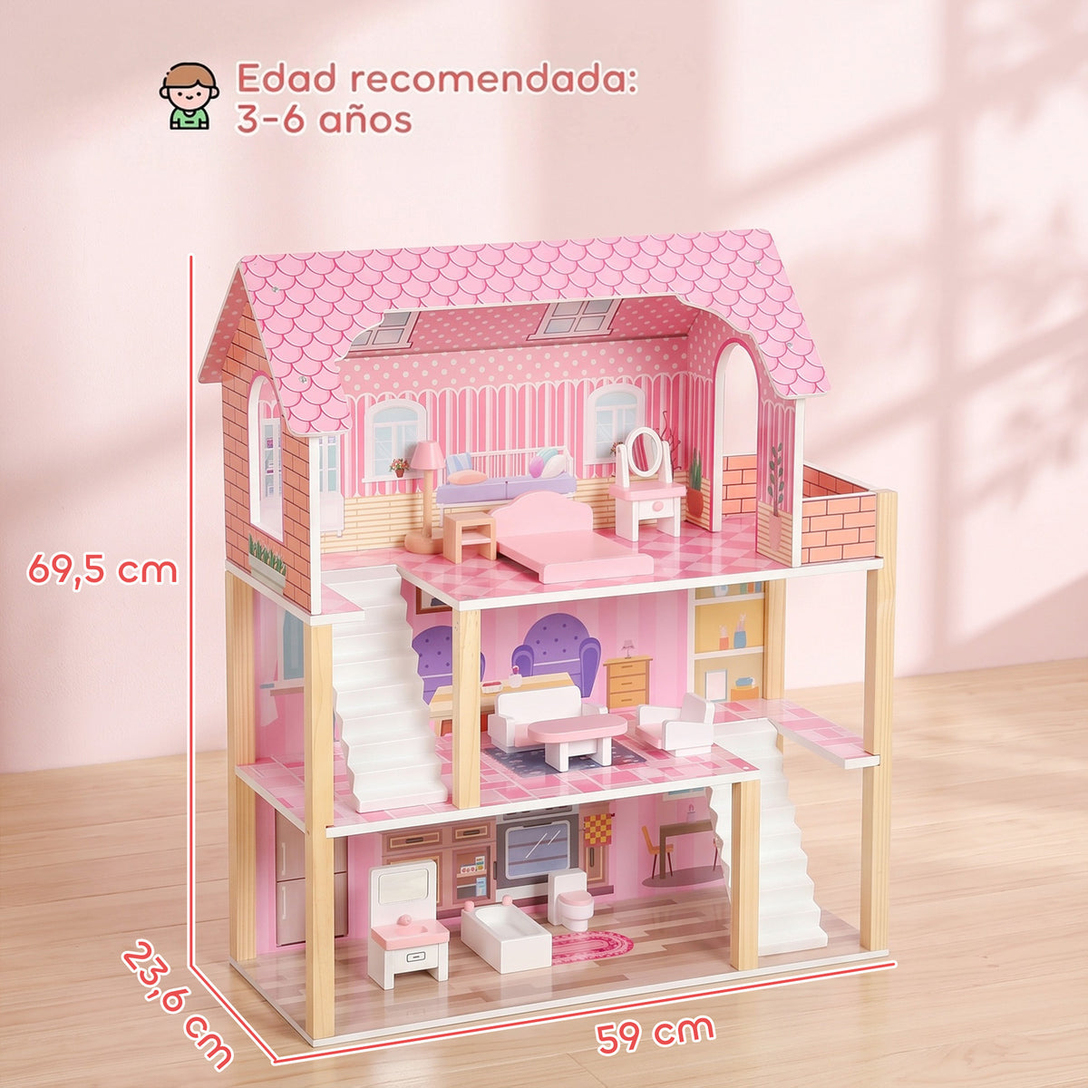 Aiyaplay Casa De Muñecas De Madera 3 Pisos Con Balcón Escaleras 10 Muebles Rosa_2