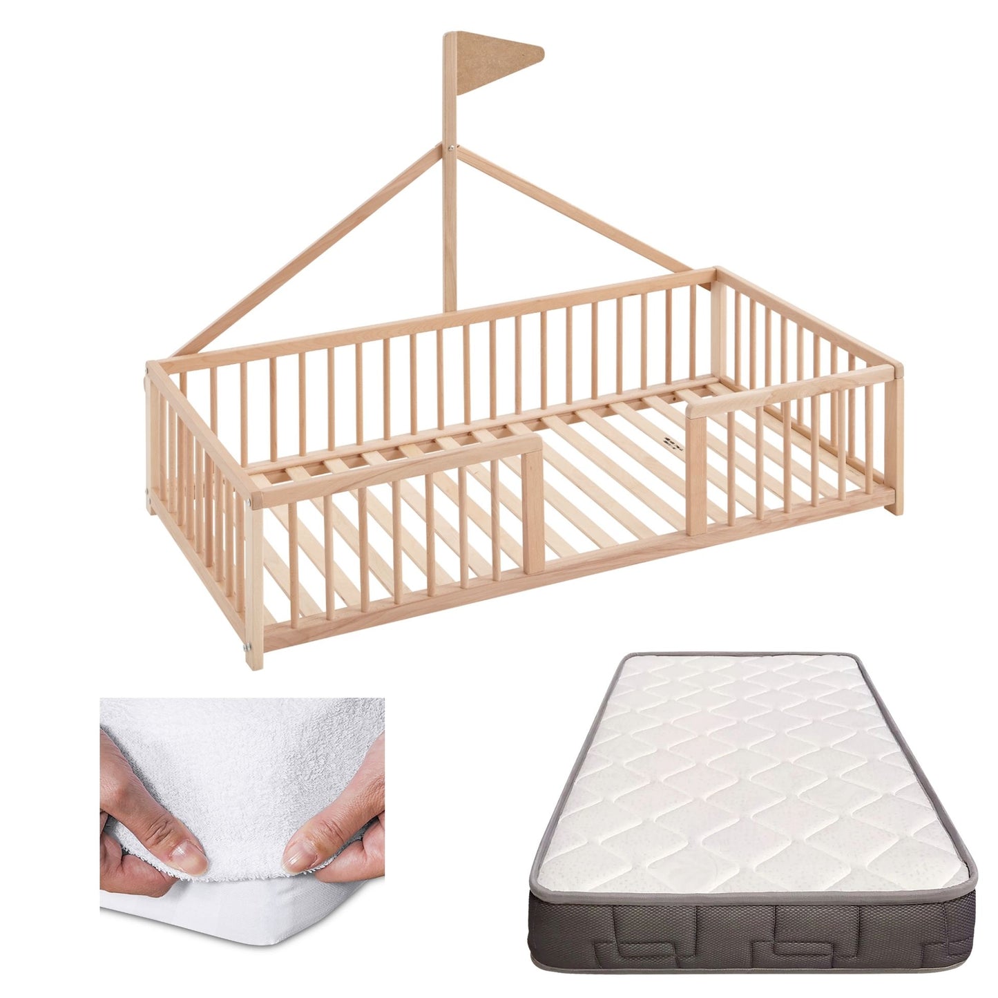 Cama Montessori Apache 140×70 Cm, Madera De Haya Con Colchón Morfeo Y Funda Impermeable, Color Natural_0