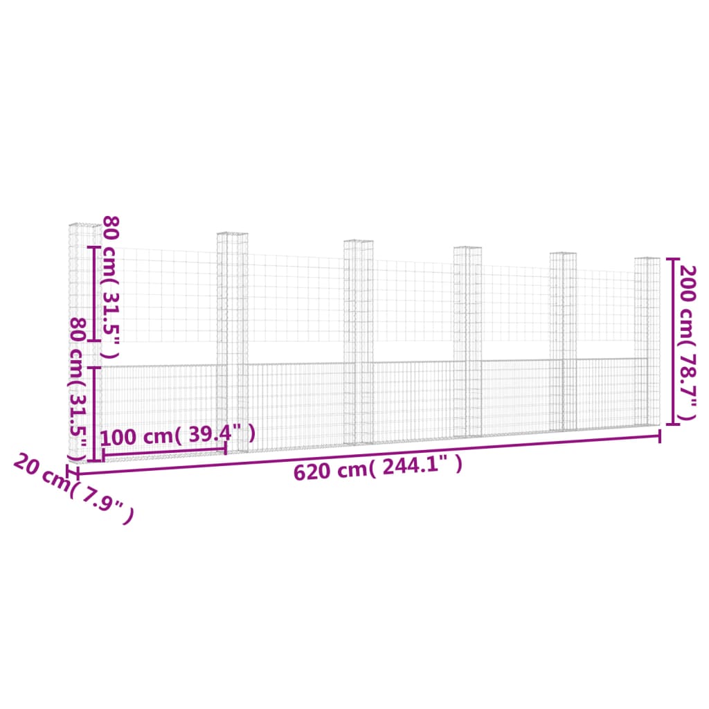 Cesta De Gaviones Forma De U 6 Postes De Hierro 620x20x200 Cm / Vetonek_4