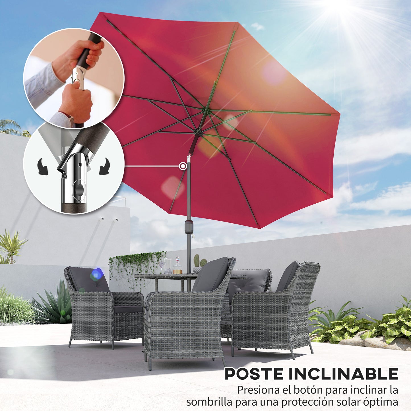 Outsunny Sombrilla De Jardín Ø295x250 Cm Con Manivela E Inclinación Vino Tinto_3