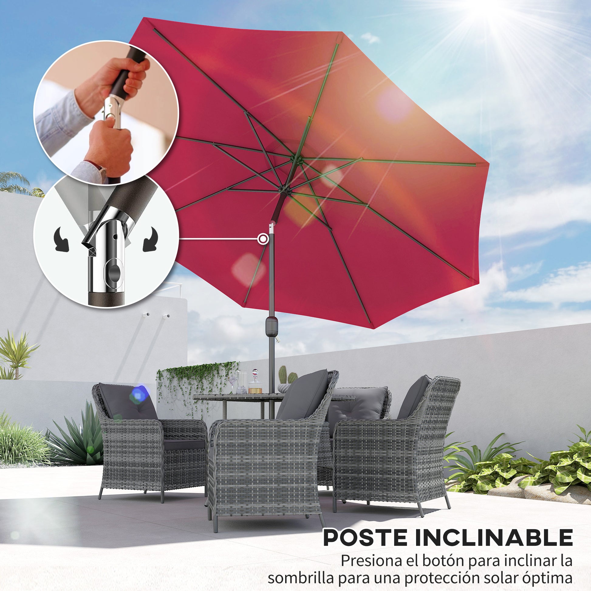 Outsunny Sombrilla De Jardín Ø295x250 Cm Con Manivela E Inclinación Vino Tinto_3