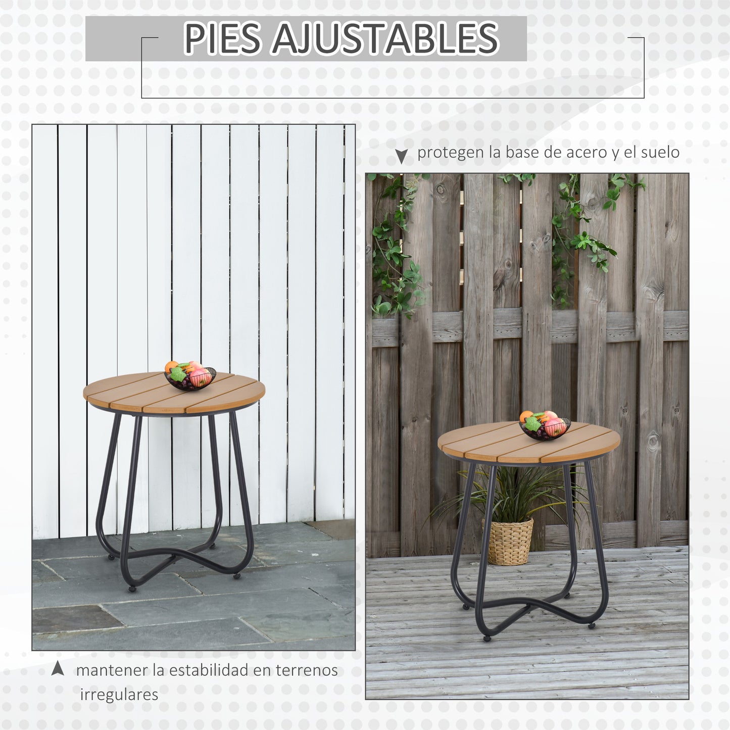 Outsunny Mesa Auxiliar Redonda Con Diseño De Listones Ø49x48 Cm Natural Y Negro_4