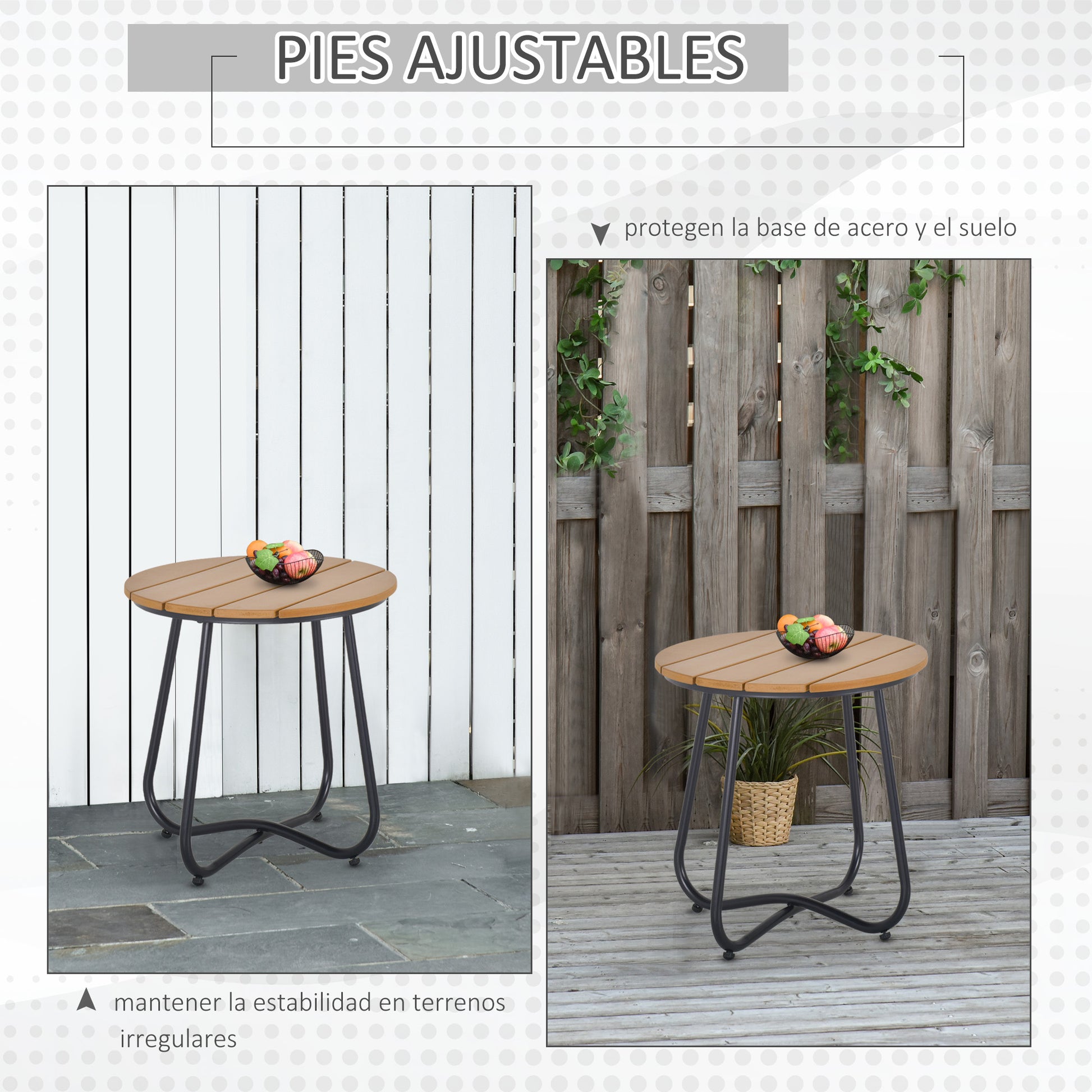 Outsunny Mesa Auxiliar Redonda Con Diseño De Listones Ø49x48 Cm Natural Y Negro_4