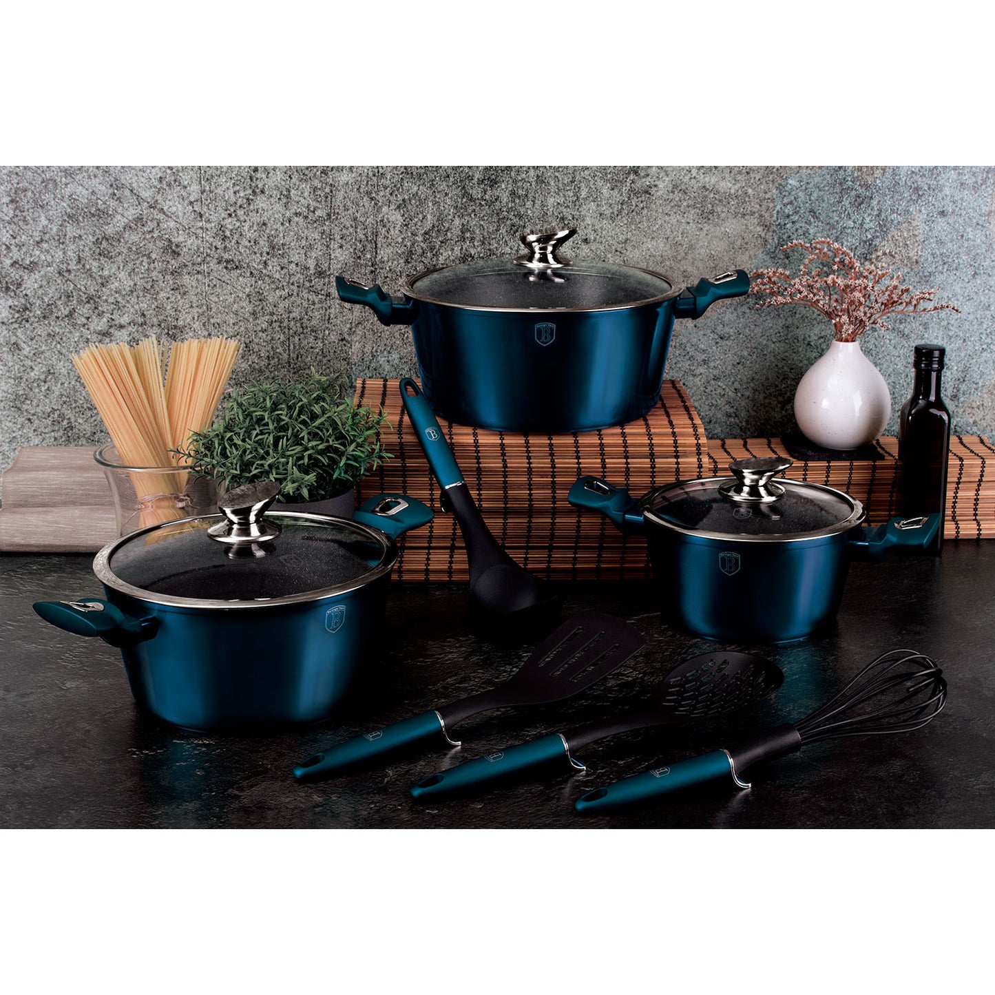 Batería Cocina Inducción 10 Piezas, Antiadherente Mármol Sin Pfoa, Aluminio, Cazuelas Sartenes Berlinger Haus Aquamarine Azul Marino_2