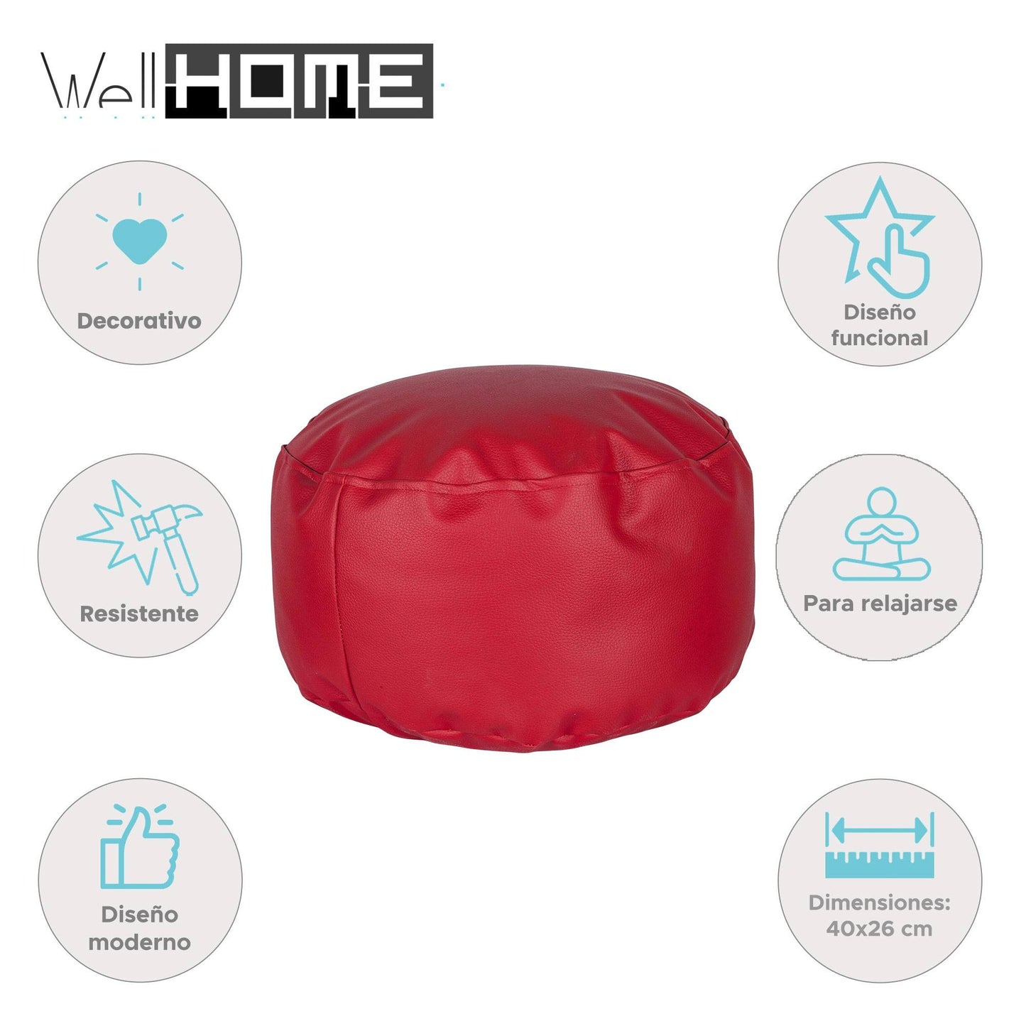 Well Home Puff Ovalado Ø40x26cm Color Rojo - Asiento Acolchado Y Cómodo_1