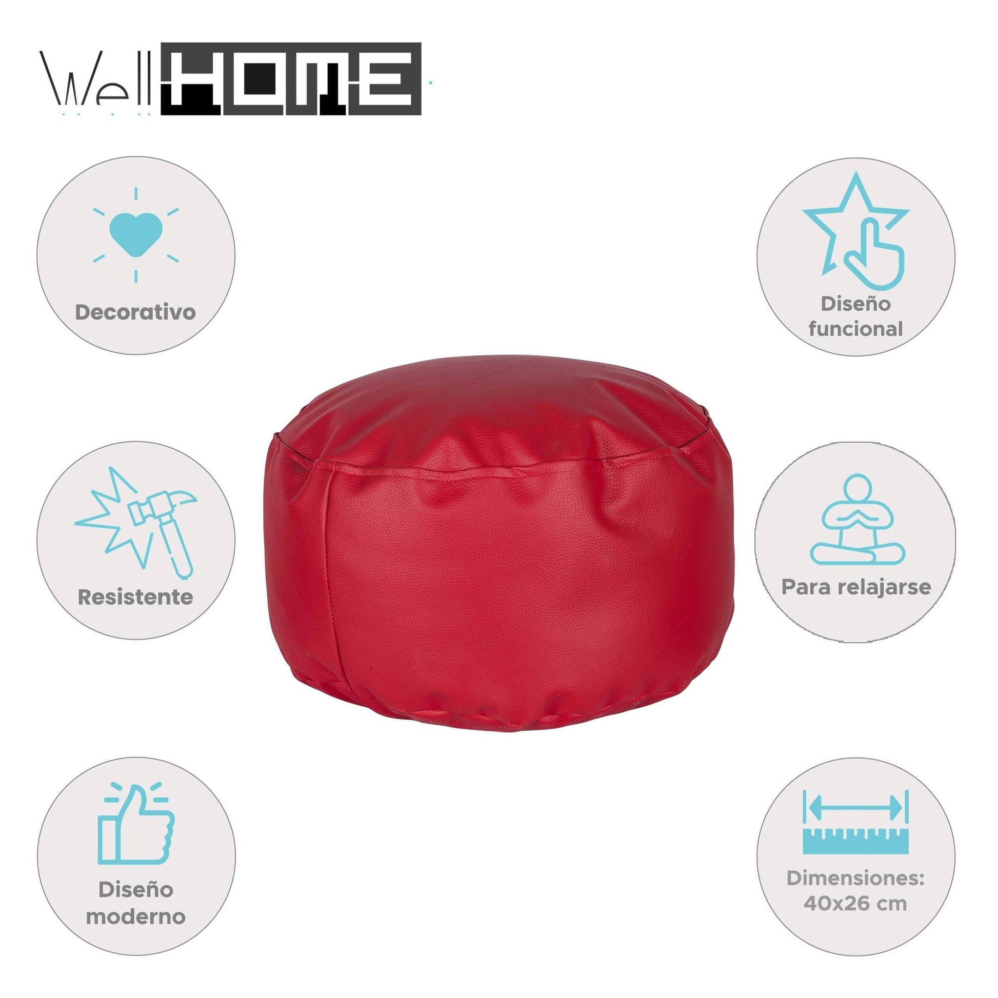 Well Home Puff Ovalado Ø40x26cm Color Rojo - Asiento Acolchado Y Cómodo_1