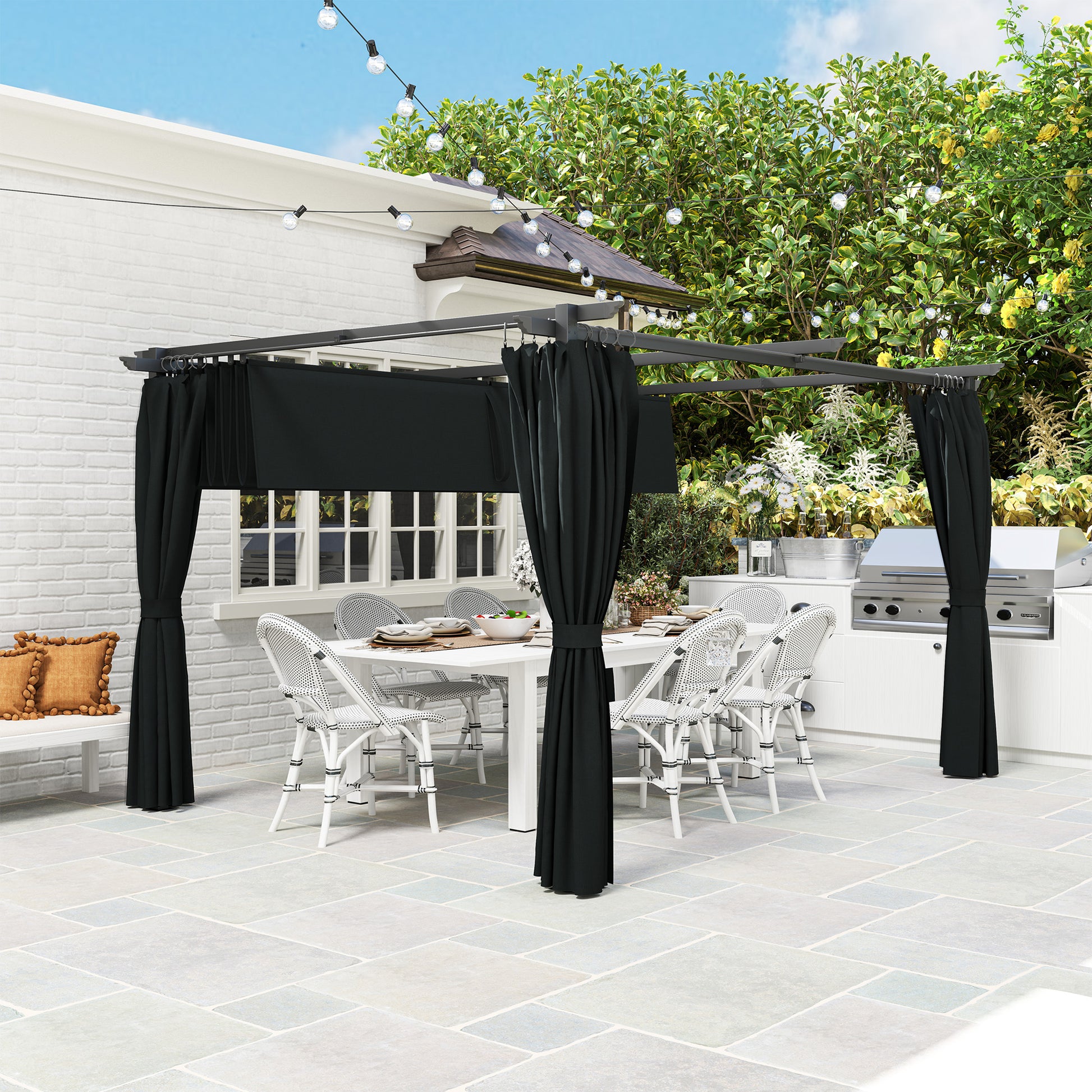 Outsunny Pérgola Con Techo Retráctil 4x3 M Paredes Laterales Anti-uv Gris Oscuro_3