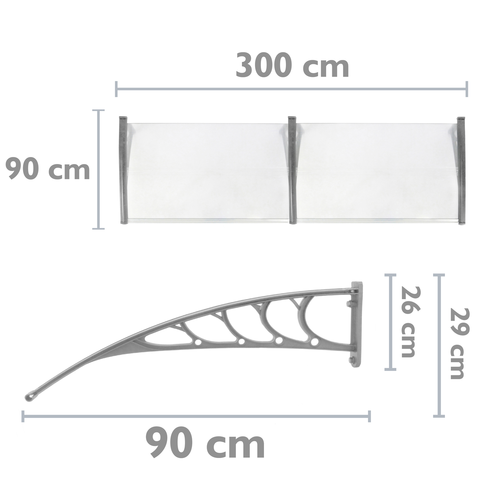 Tejadillo De Protección 300x90cm Marquesina Para Puertas Y Ventanas Gris_1