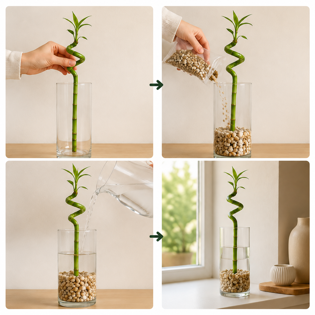 Lucky Bamboo (bambú) 3x Dracaena Sanderiana - Planta, Vidrio Y Piedras - 40-45cm_2