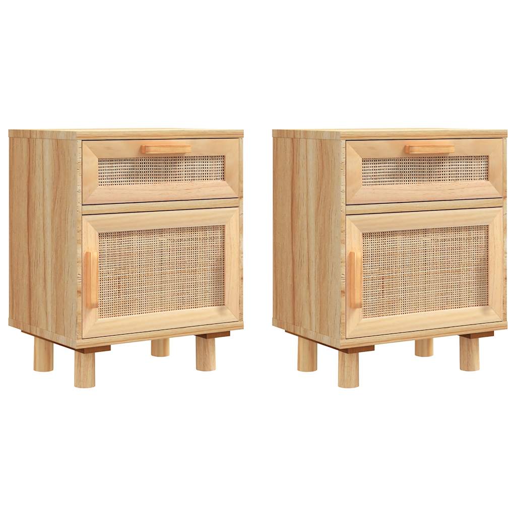 Mesitas De Noche 2 Uds Madera Maciza Pino Marrón Ratán Natural_0