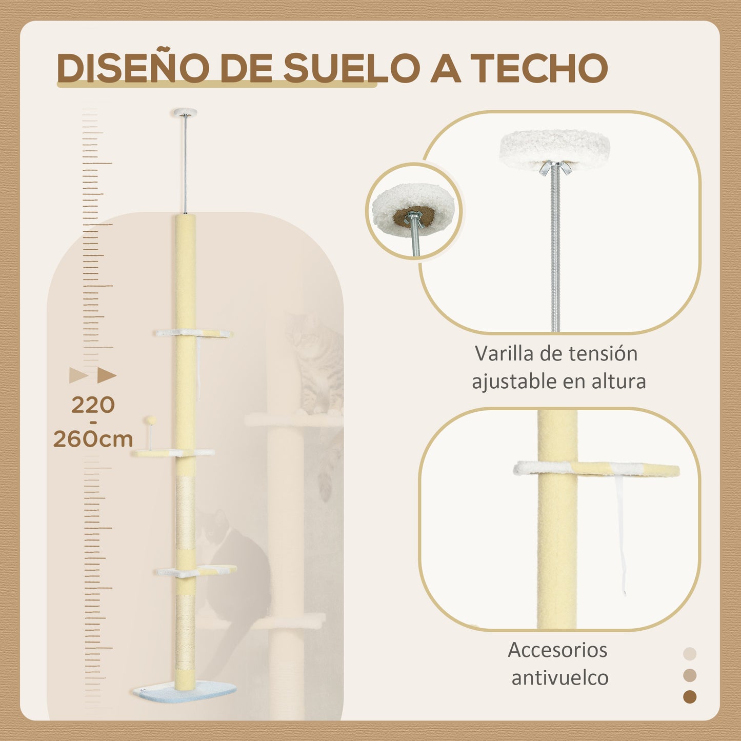 Pawhut Árbol Para Gatos Del Suelo Al Techo 220-260 Cm Con 3 Plataformas Y Bola_4