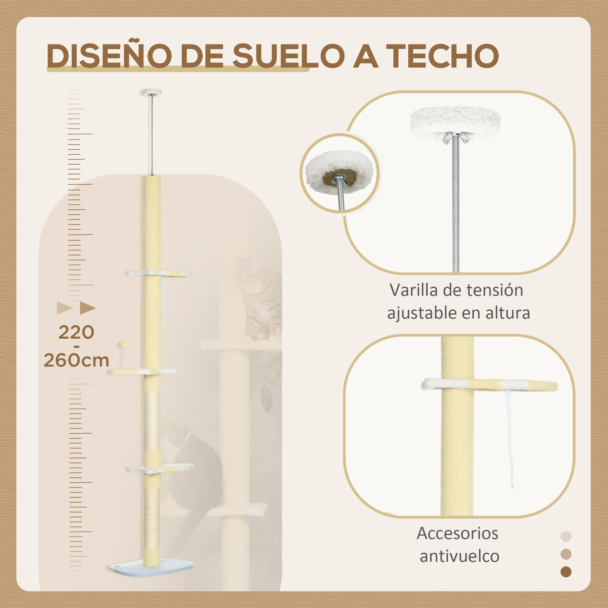 Pawhut Árbol Para Gatos Del Suelo Al Techo 220-260 Cm Con 3 Plataformas Y Bola_4