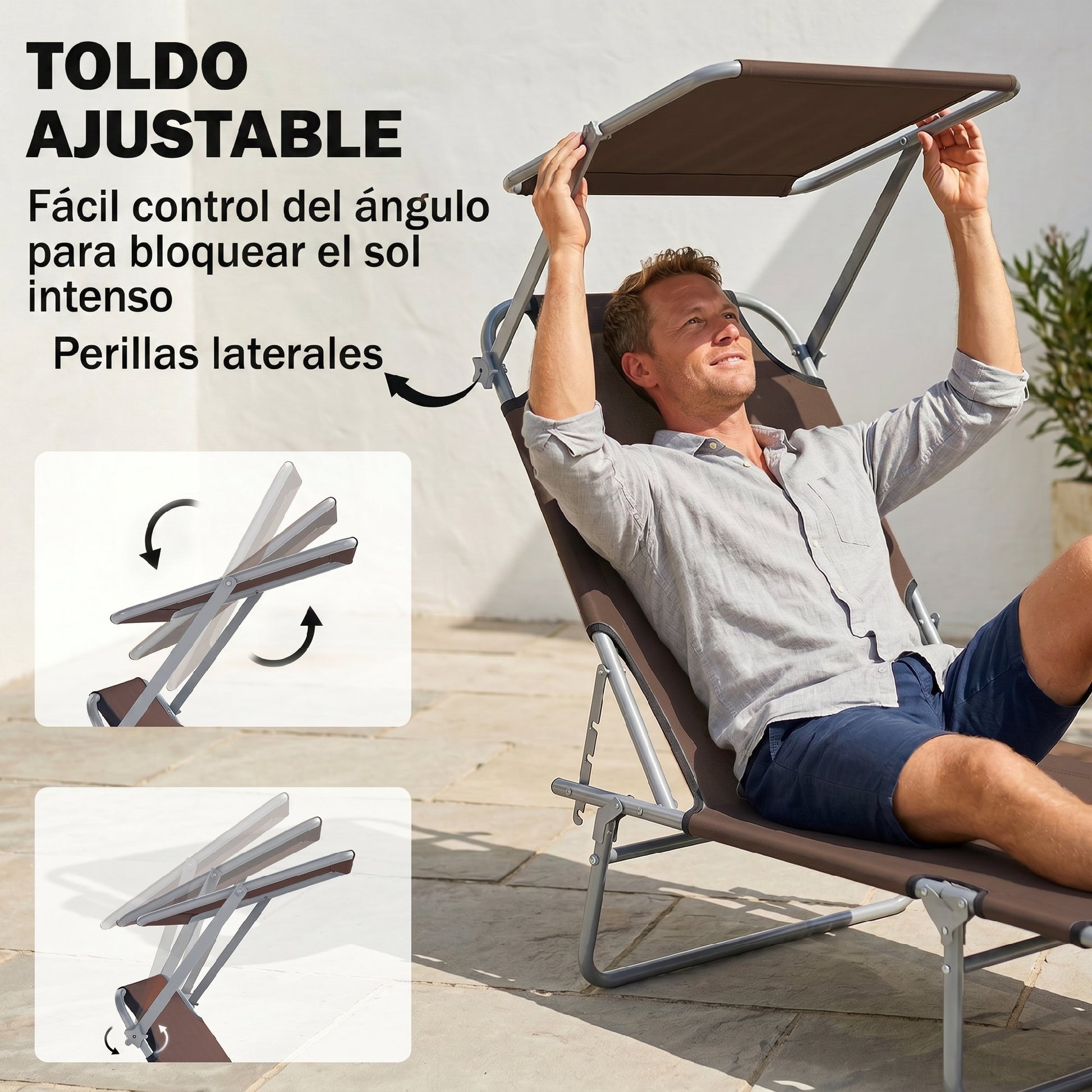 Outsunny Tumbona De Jardín Plegable Con Toldo Desmontable 187x58x36 Cm Marrón_3