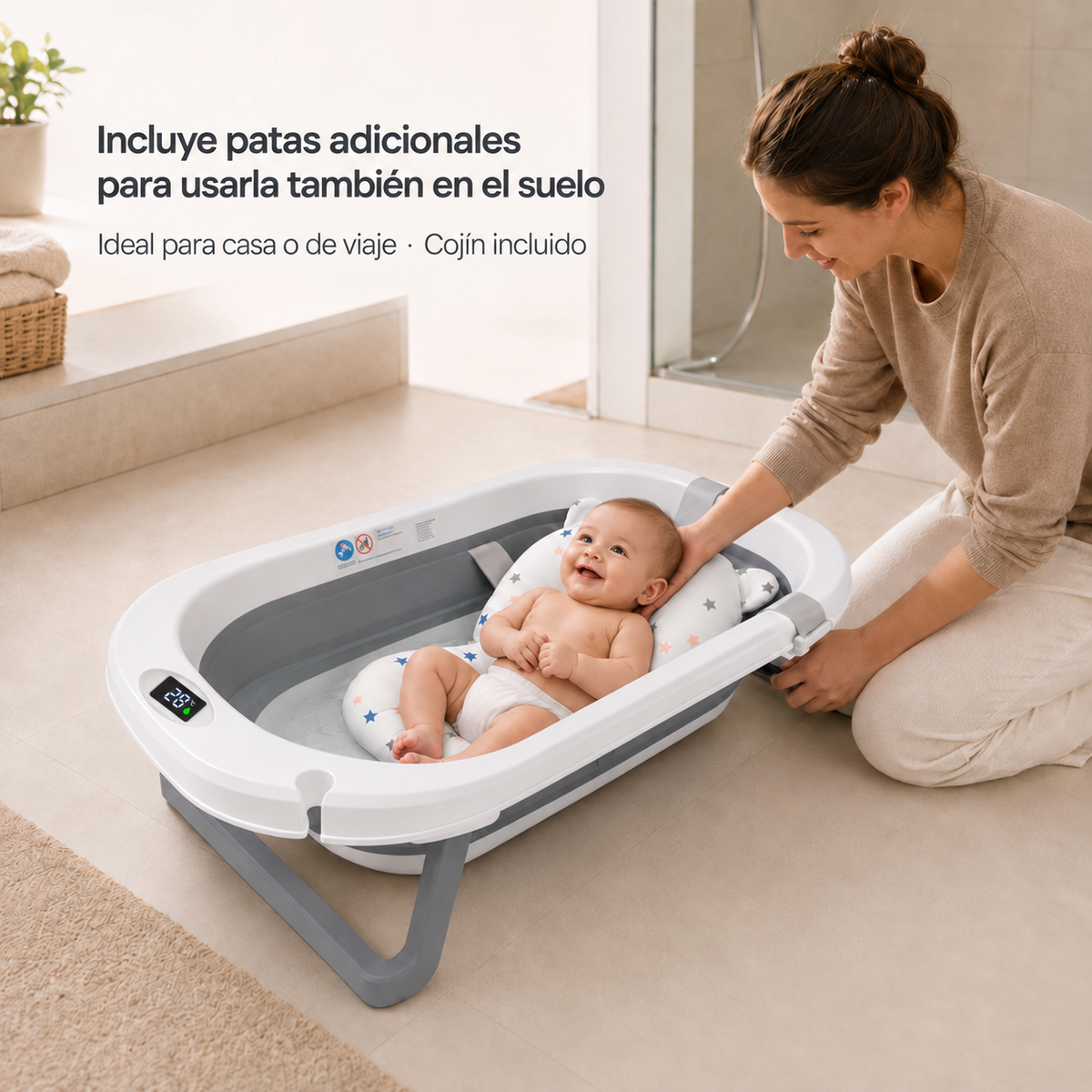 Bañera Plegable para Bebé con Cojín Reductor, termómetro, Uso con o sin Soporte, Patas Antideslizantes Bathby_5