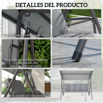 Outsunny Columpio De Jardín De 3 Plazas Con Techo Ajustable 172x110x156 Cm Gris_5