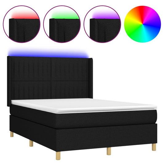 Cama Box Spring Colchón Y Luces Led Tela Negro 140x200 Cm / Vetonek_0