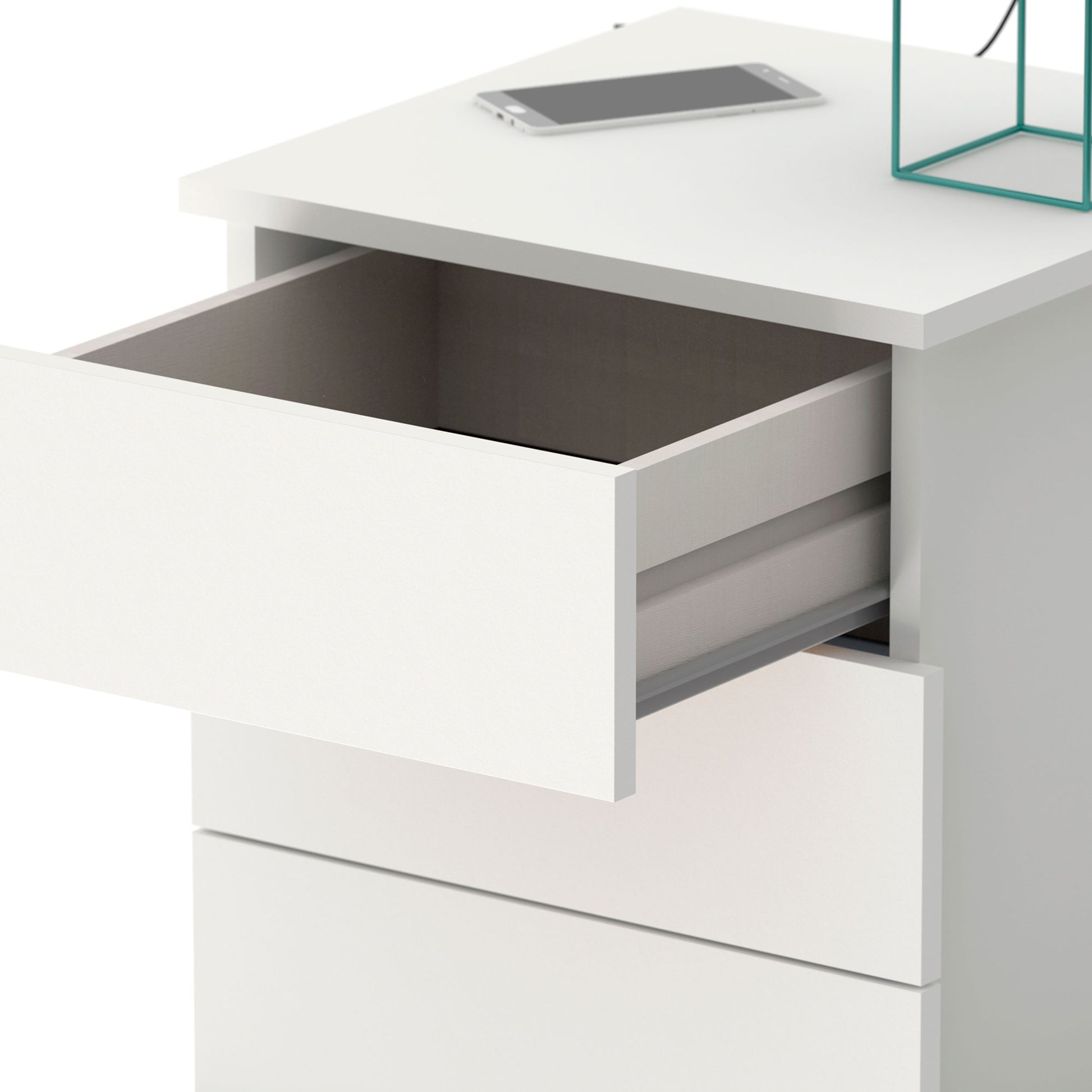 Mesita De Noche 3 Cajones, Mesilla Dormitorio Cajonera 48,5x41x40 Cm (alto X Ancho X Profundo), Briebe, Serenade, Blanco