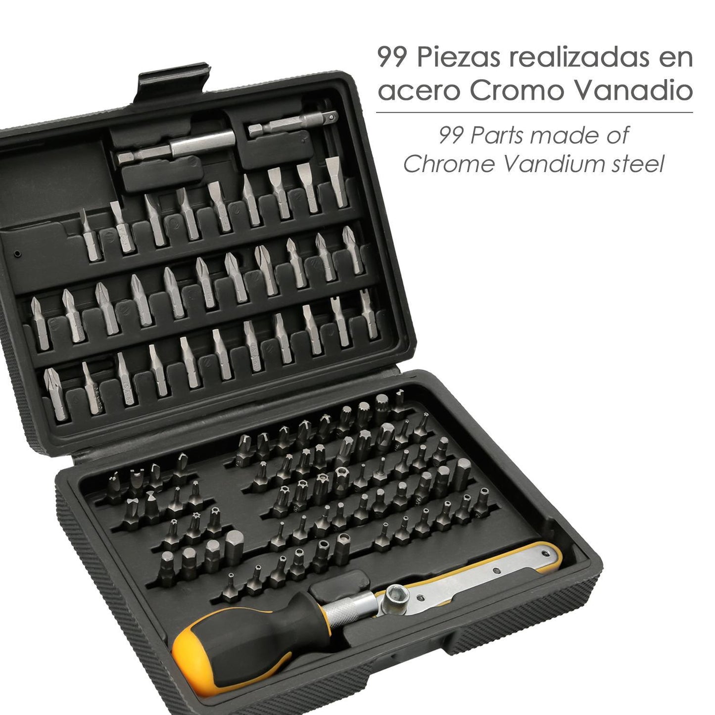 Juego Puntas Con Destornillador 1/4 99 Pzs. Con Apadtador. Cromo Vanadio, Kit Llave Combinada, Kit Carraca,_1
