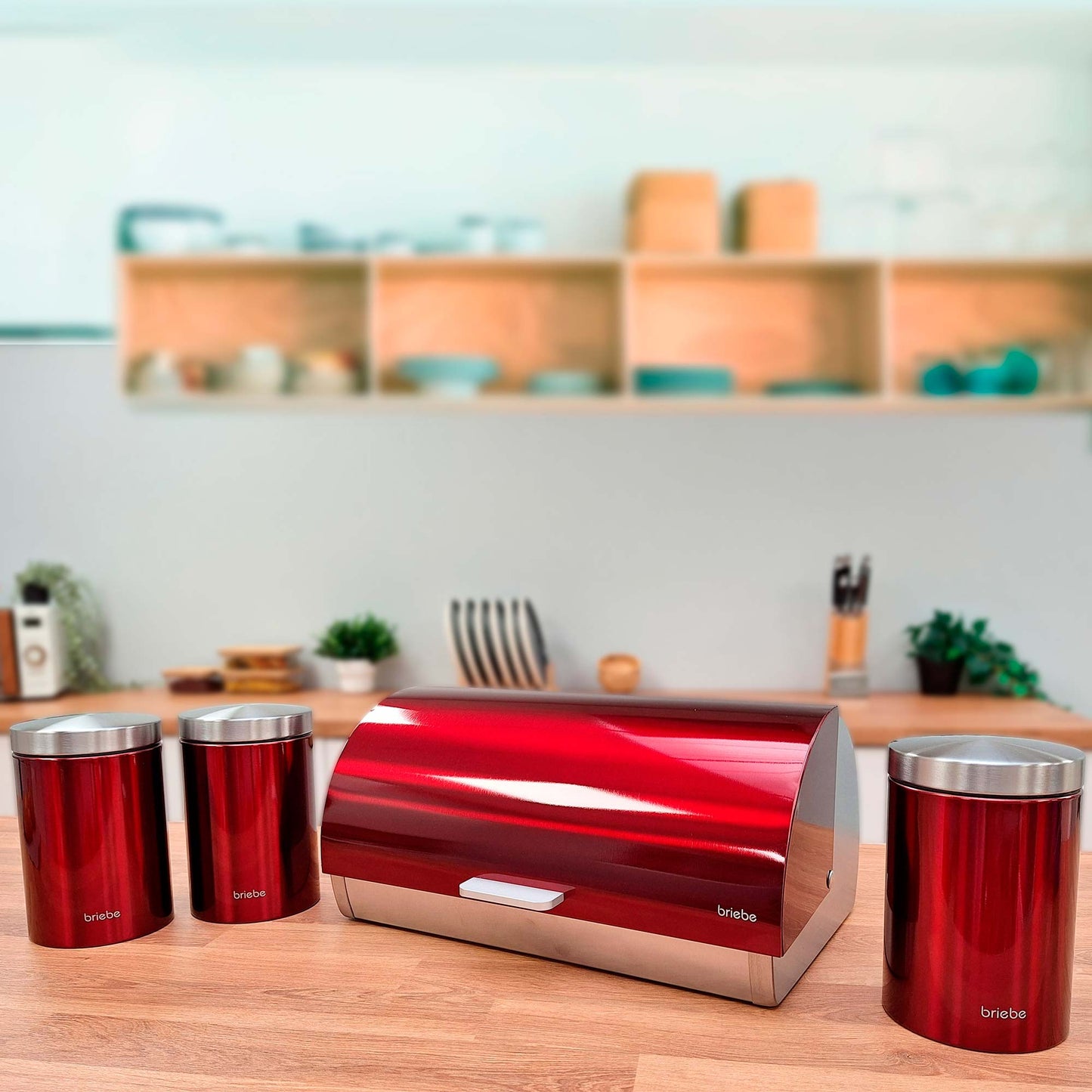 Panera De Mesa +juego 3 Botes Cocina Almacenaje Acero Inoxidable Contenedor De Pan Con Tapa, Briebe, Bb1161, Rojo / Acero Inoxidable_2