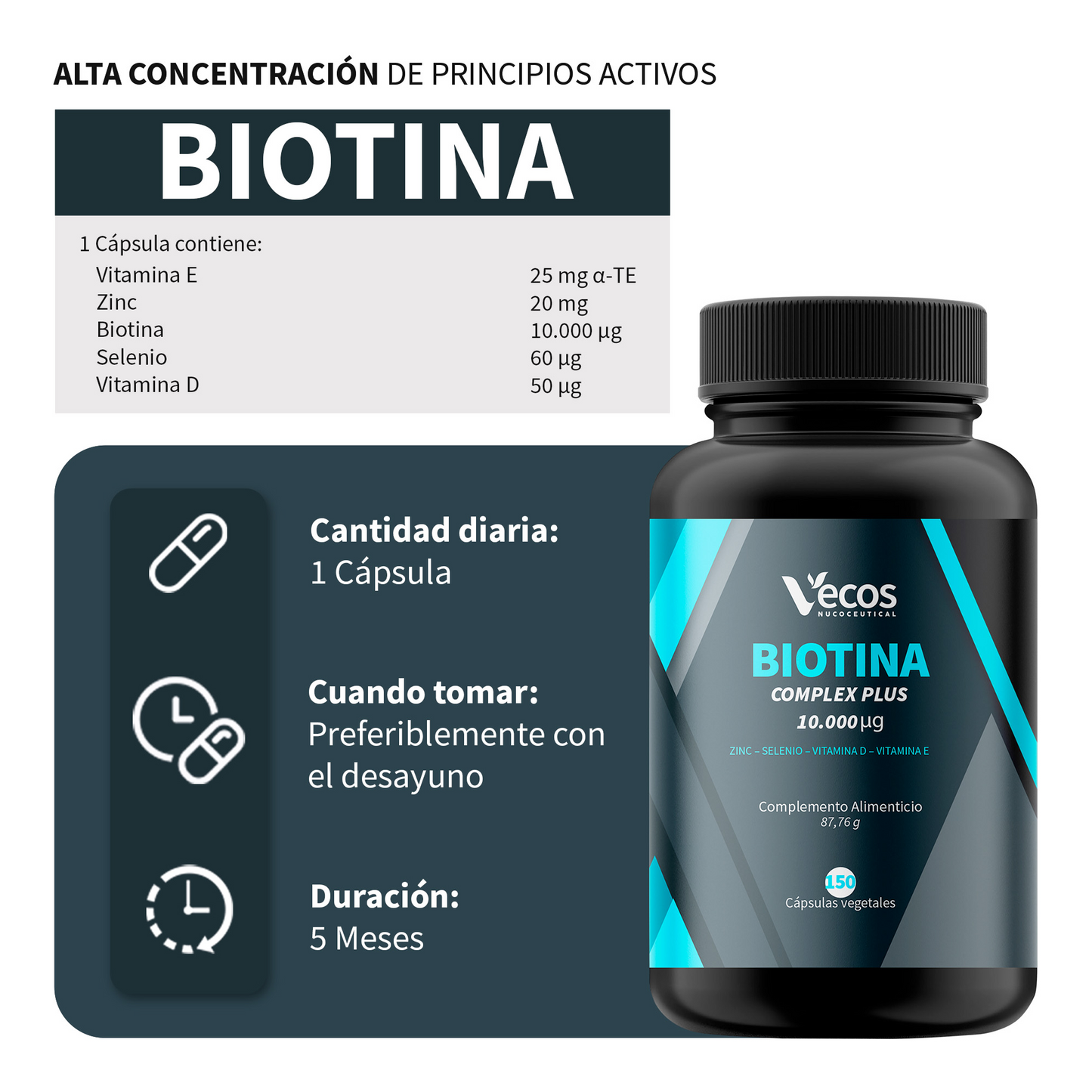 Biotina 10000 Mcg Vecos 150 Cápsulas | Anticaída Del Cabello, Cuidado De Piel Y Uñas_2
