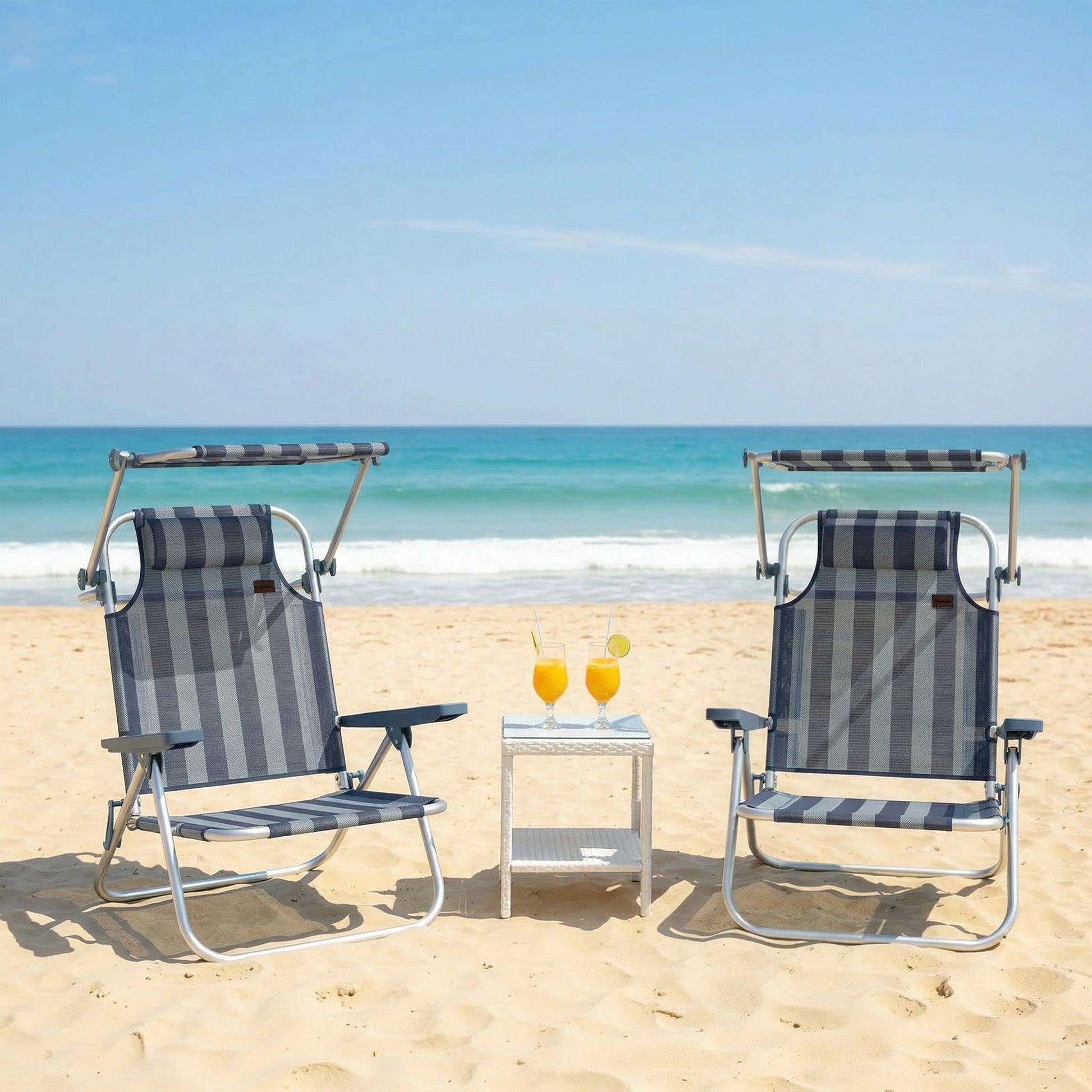 Outsunny Pack De 2 Sillas De Playa Plegables Respaldo Reclinable Azul Y Blanco_1