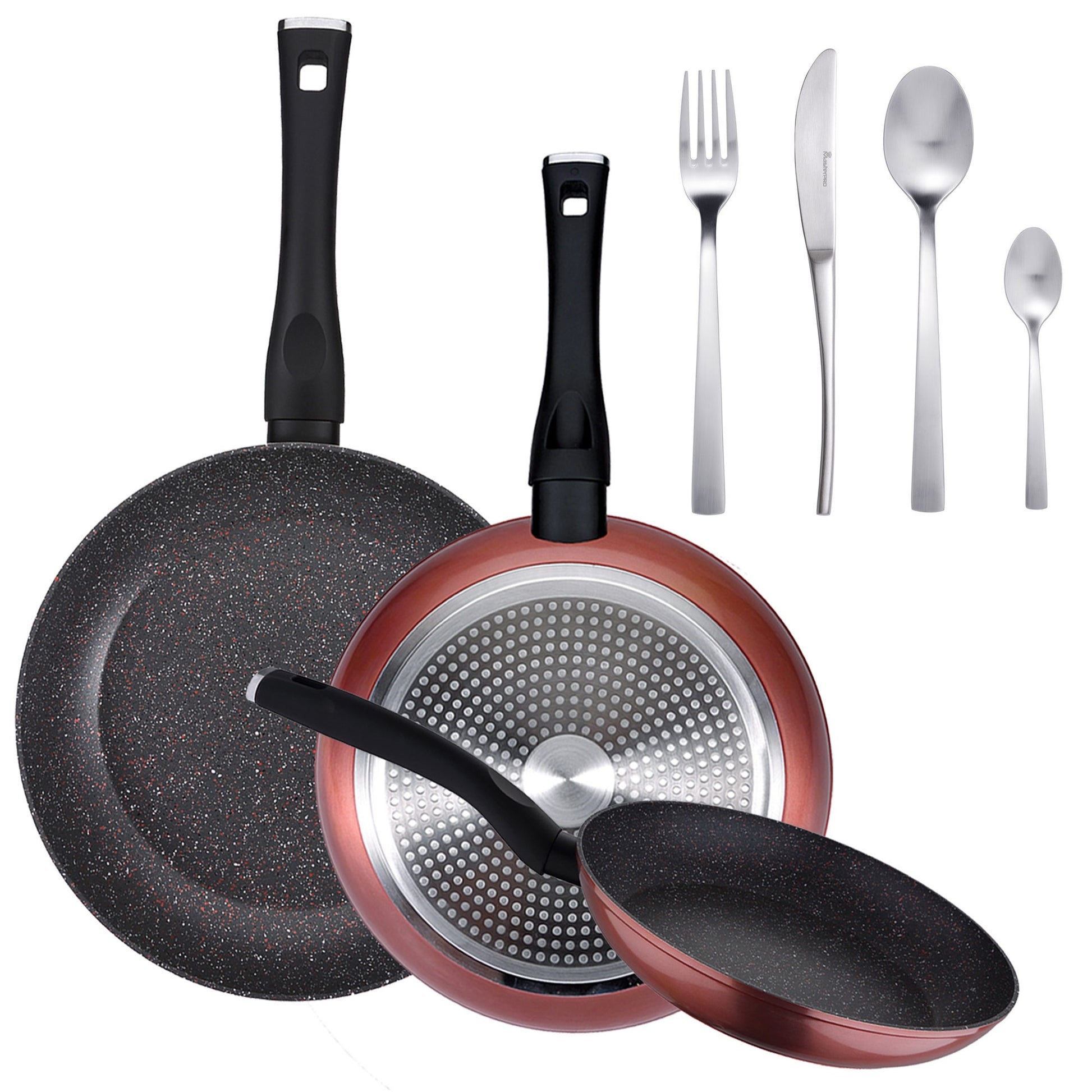Pack De 3 Sartenes Ø20/24 Y 28 Cms + Set De 16pc De Cubertería En Acero Inoxidable_0