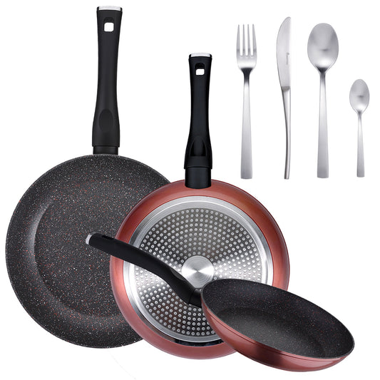 Pack De 3 Sartenes Ø20/24 Y 28 Cms + Set De 16pc De Cubertería En Acero Inoxidable_0