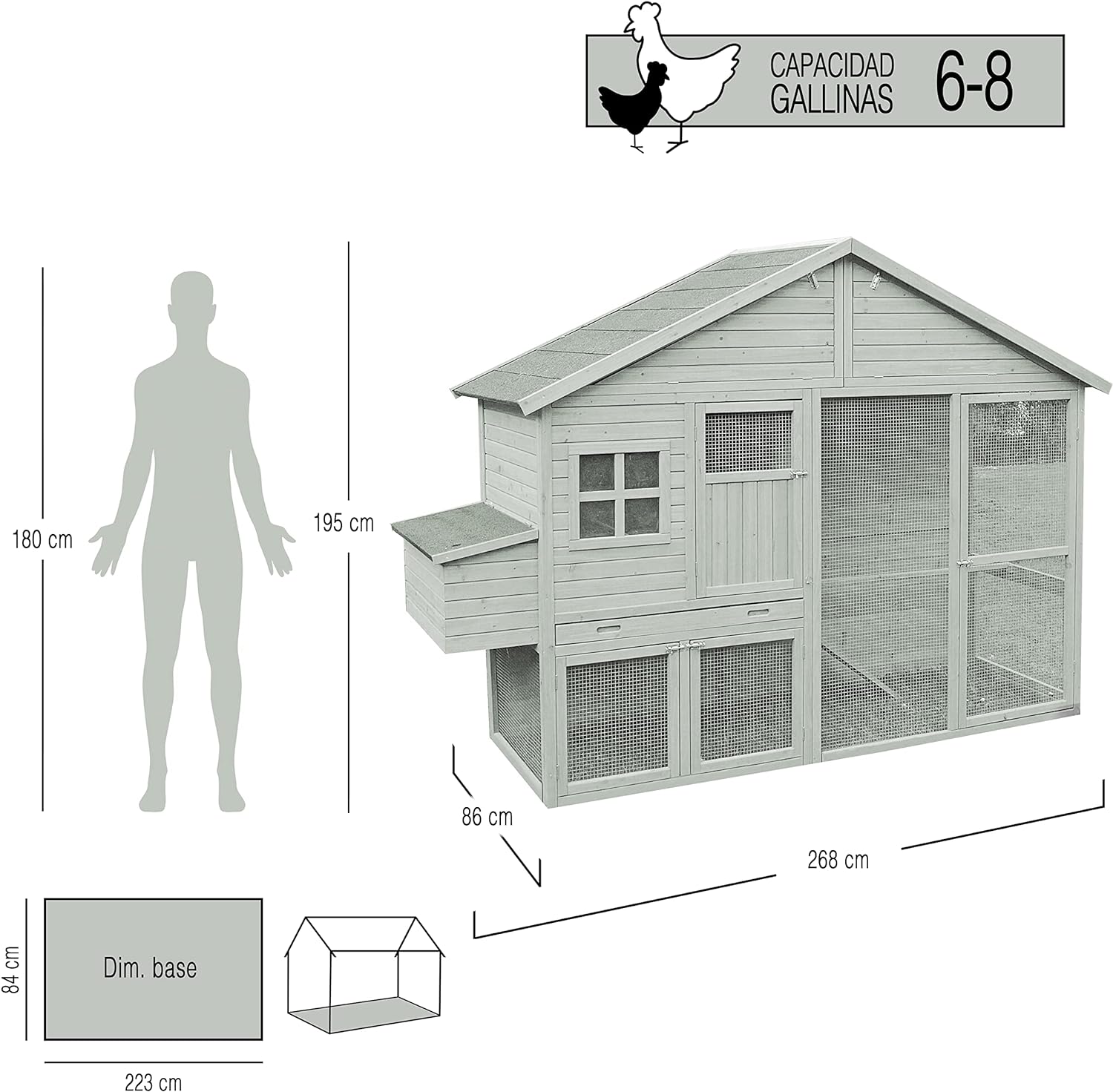 Gran Gallinero Colorado Para 6-9 Gallinas - De Madera Tratada - Almacén, Ponedero Y Parque - 96 X 268 X 195 Cm_1
