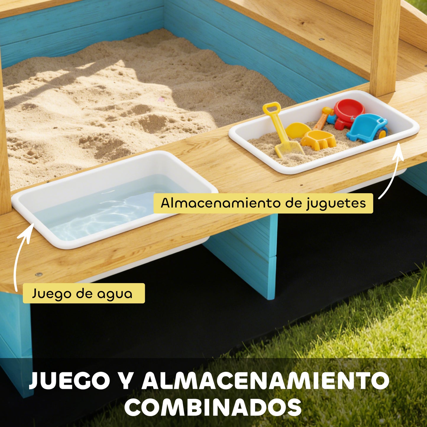 Aiyaplay Arenero Para Niños De Madera Con Techo 3 Bancos 2 Cajas Y Forro Azul_5