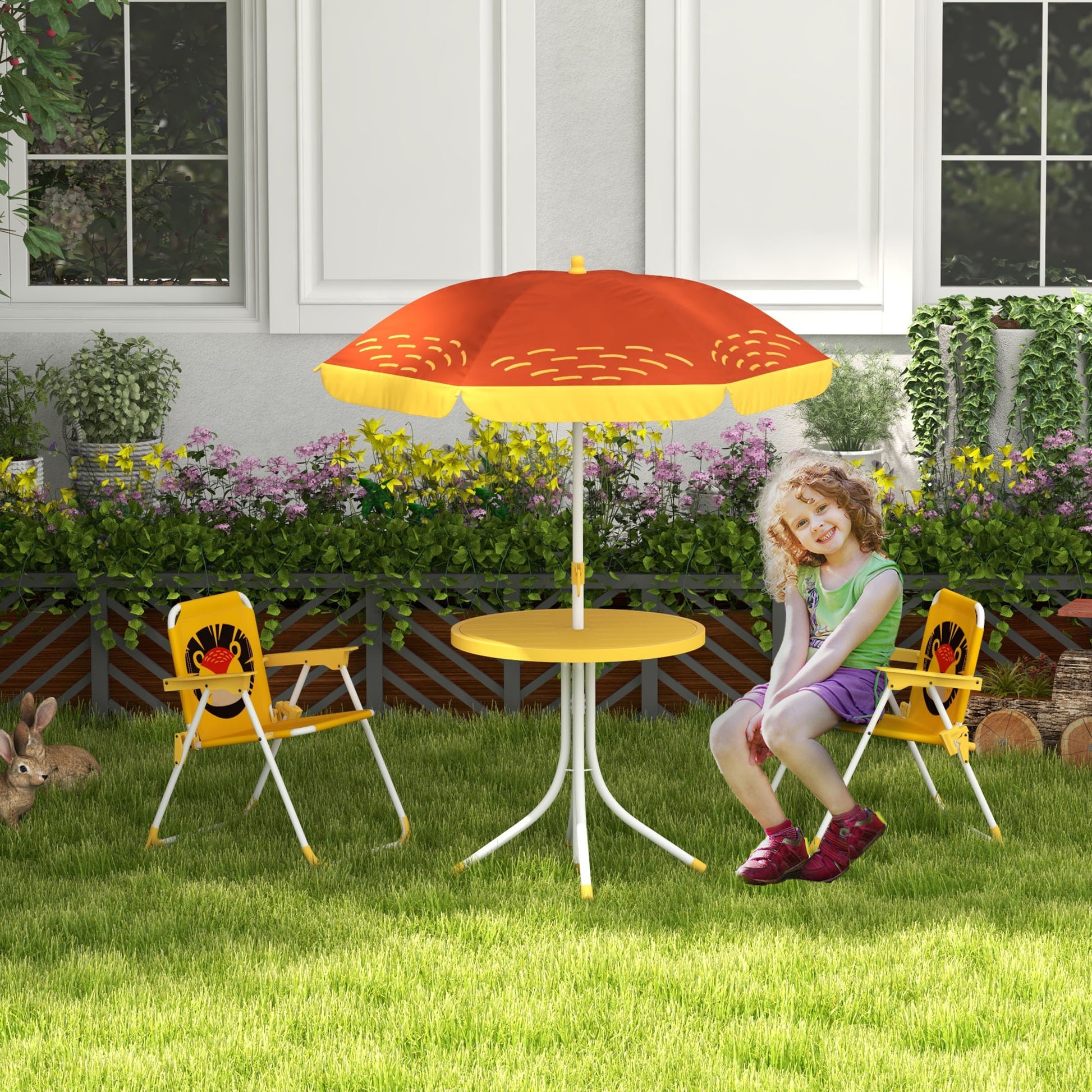Outsunny Conjunto De Mesa Y Sillas Para Exterior Infantil Con Sombrilla Amarillo_1