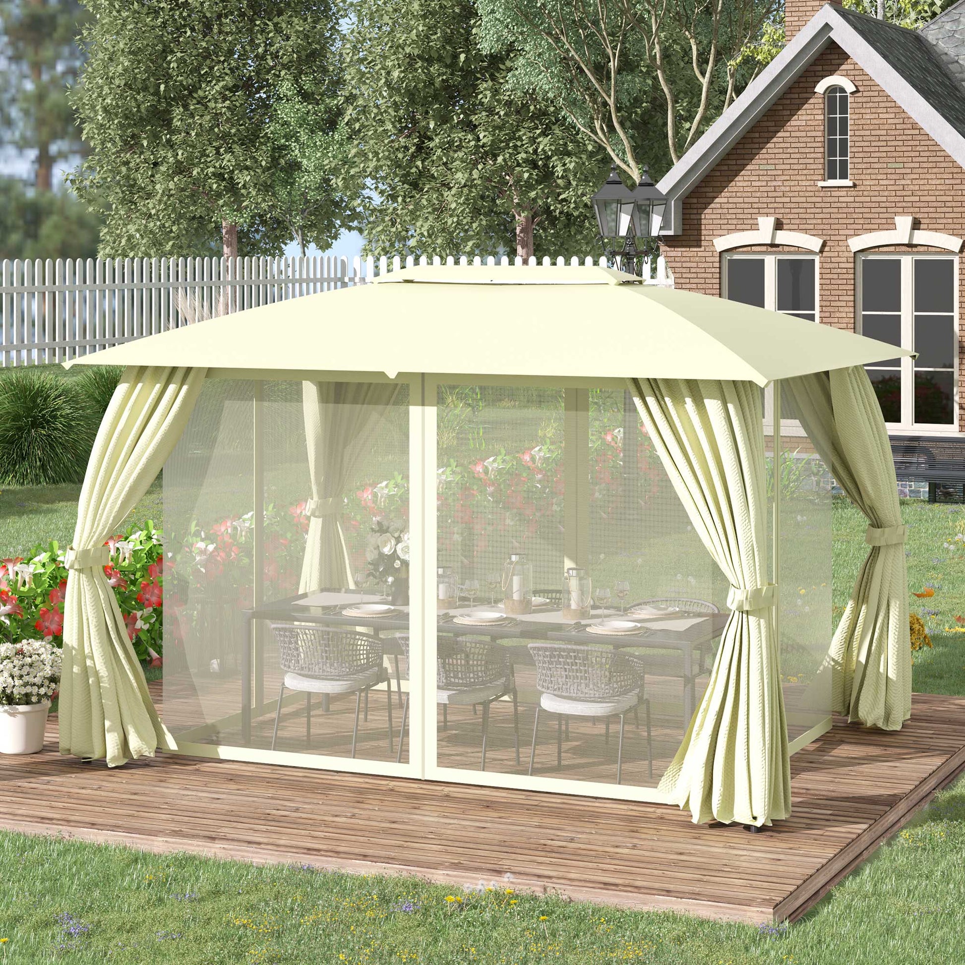 Outsunny Cenador De Jardín 4x3m Con Doble Techo 4 Cortinas Y 4 Mosquiteras Crema_1