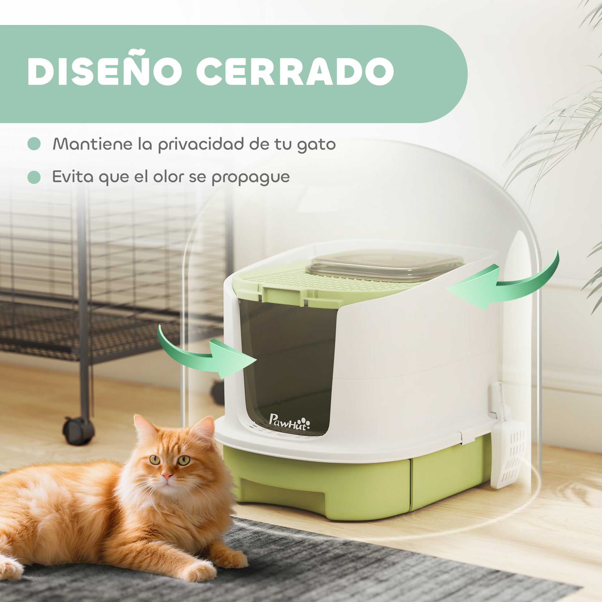 Pawhut Arenero Para Gatos Cubierto Con Bandeja Extraíble Y Pala Blanco Y Verde_3