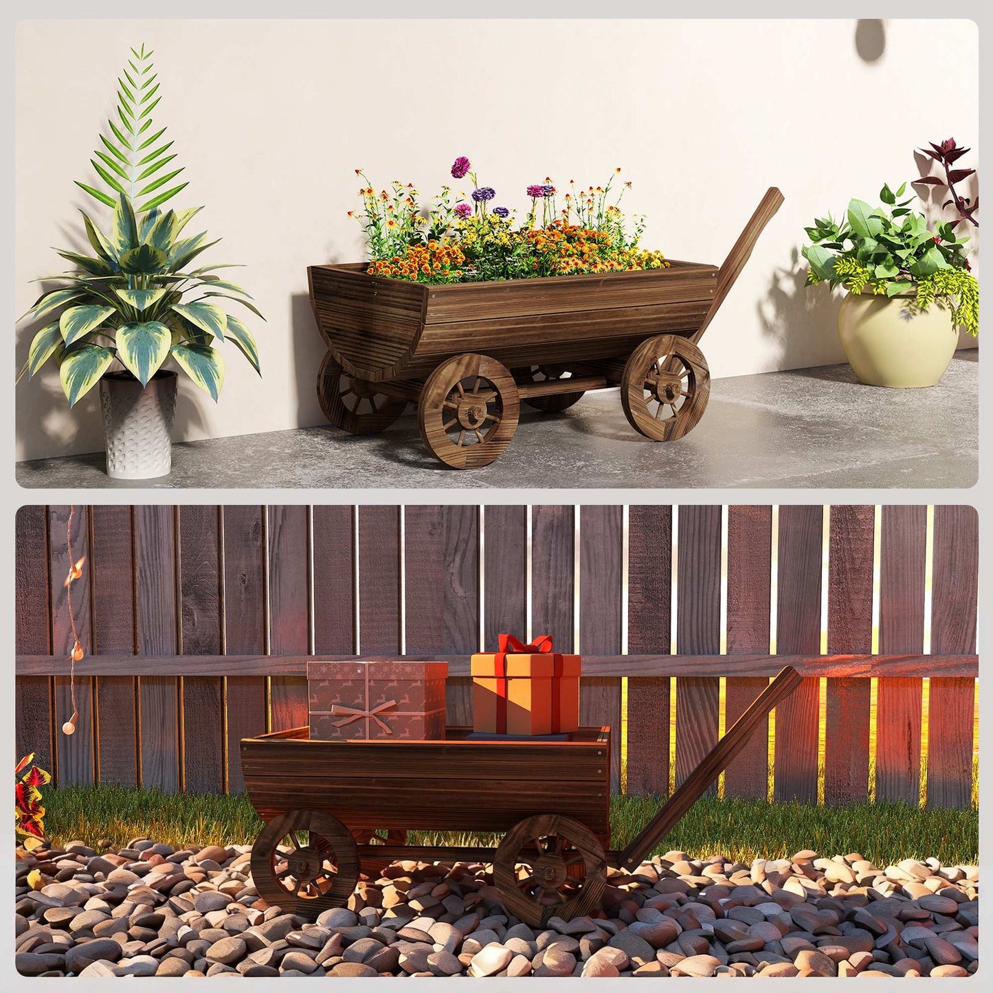Outsunny Carrito De Madera Con 4 Ruedas Y Mango Drenaje 115x40x54,5 Cm_3