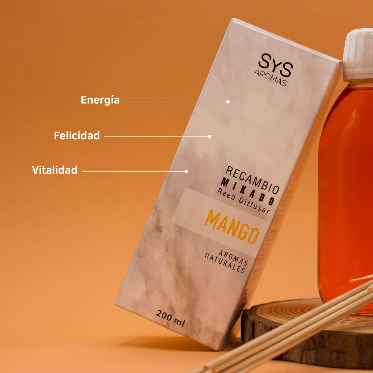 Recambio Mikado Mango Mármol SYS Aromas 200 ml | Con Palos | Aroma Tropical y Afrutado | Energizante_2