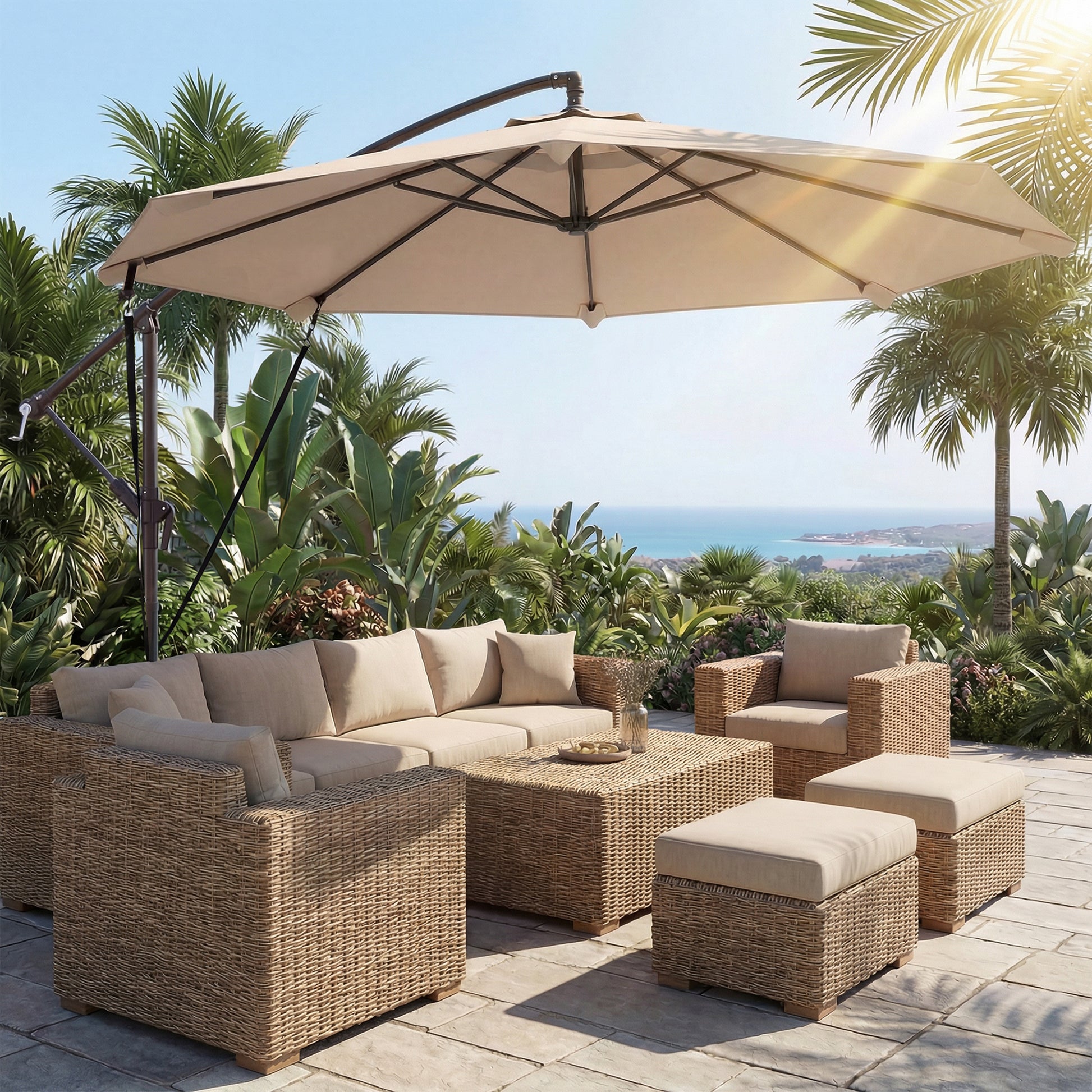 Outsunny Parasol Excéntrico Ø300 Cm Con Base Cruzada Manivela Y Funda Caqui_1