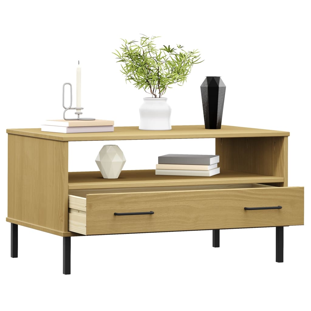 Mesa De Centro Patas Metal Oslo Madera Maciza Marrón 85x50x45cm_1